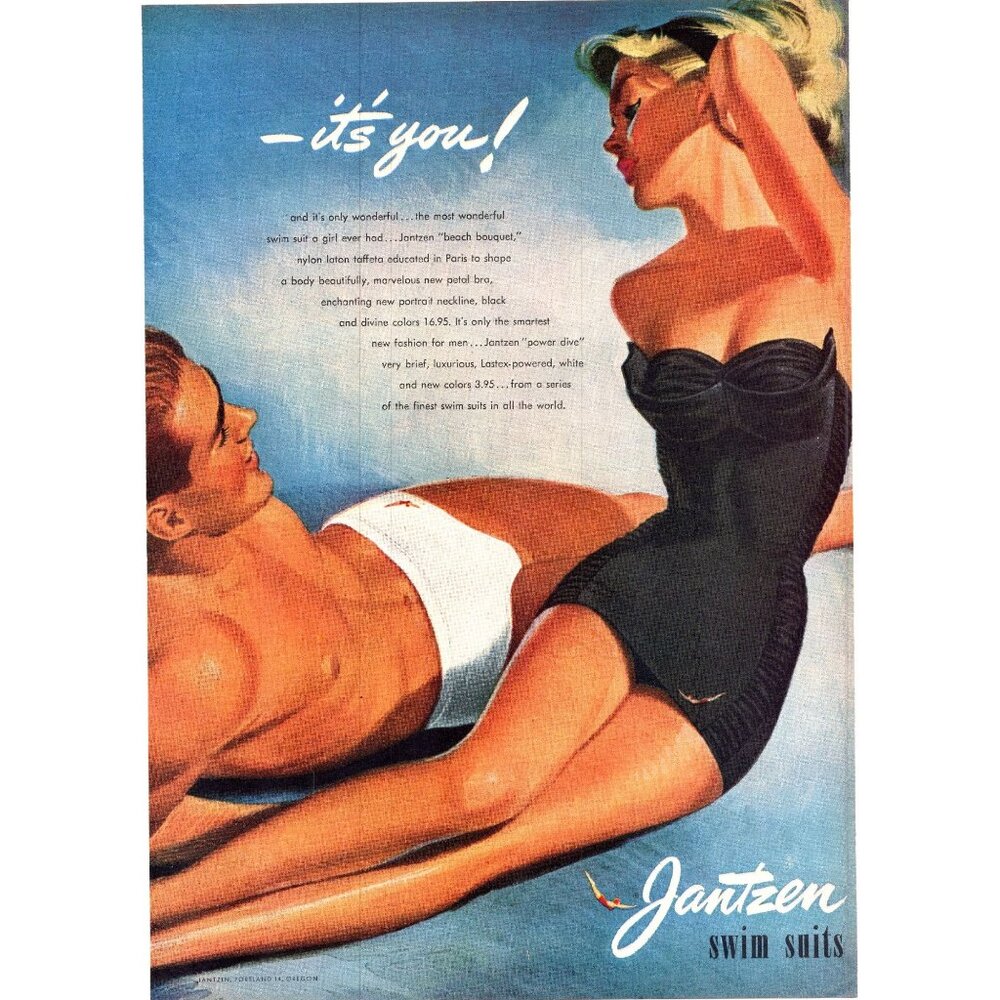 1952 Jantzen Swimsuits Swim Suits Trunks Vintage Print Ad Couple 50s Wall Art